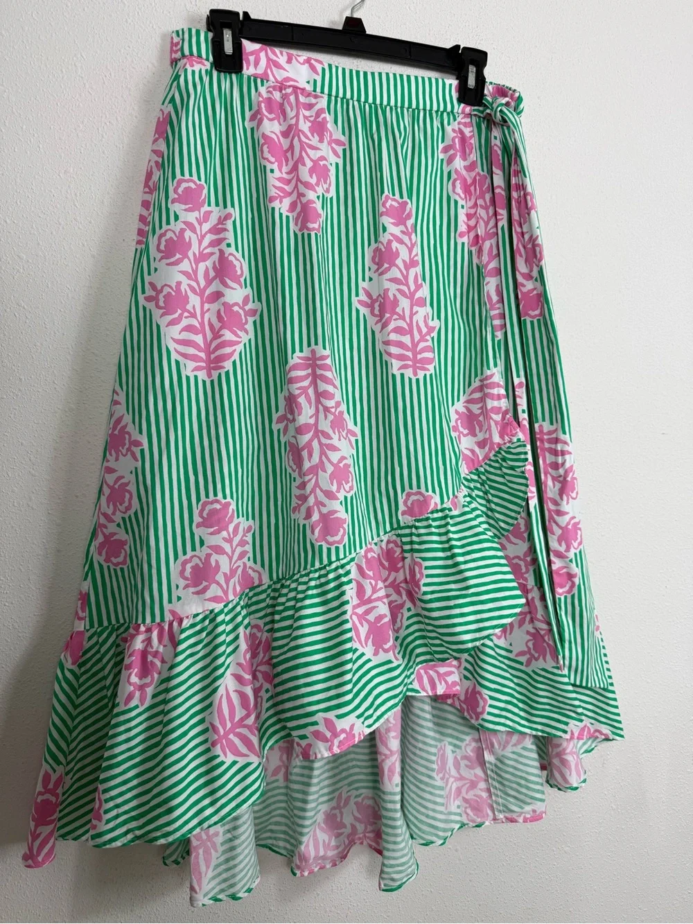 J.Crew Women's Poplin Midi Wrap Skirt Summer Green Pink Sz Medium